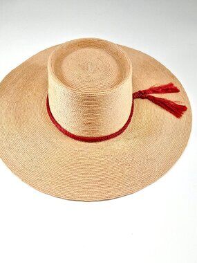 Vintage Vaquero Straw Hat Wide Brim Flat Crown Western Ranch Sun Hat Red Rope